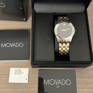 Mens Movado Swiss movement silver/gold bracelet with black face watch